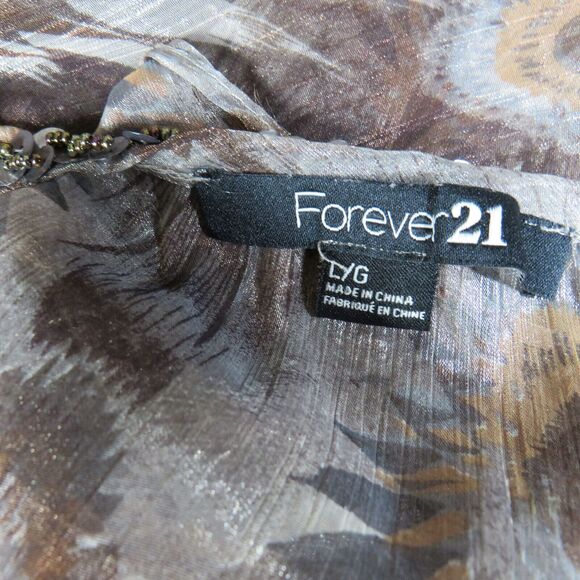 Forever 21 Sheer Feather Print Beaded Elastic Waist Flutter Sleeve Blouse Size L - Picture 7 of 8